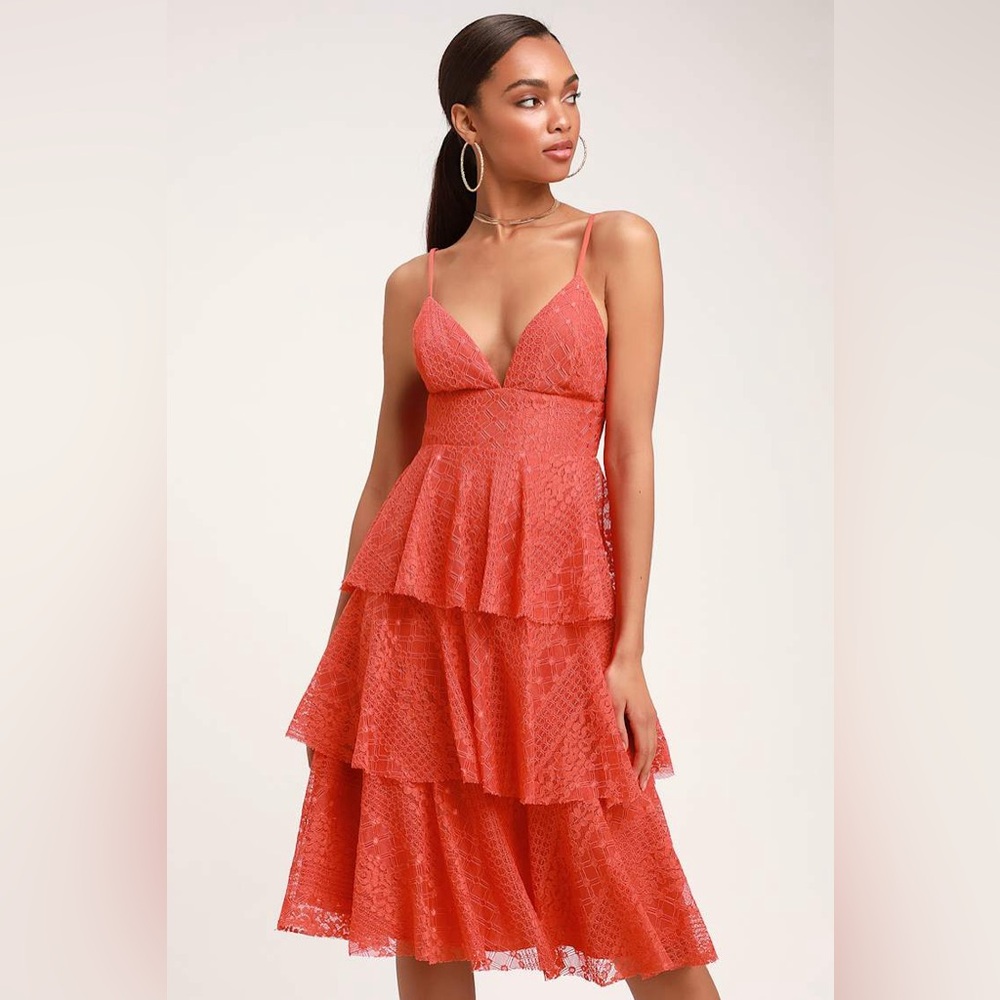 Lulus Endless Romance Coral Orange Lace Ruffled Midi Dress